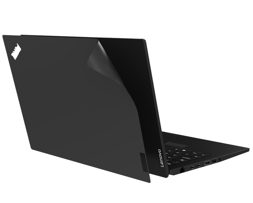 Laptop back cover skin being applied on a Lenovo laptop for protection