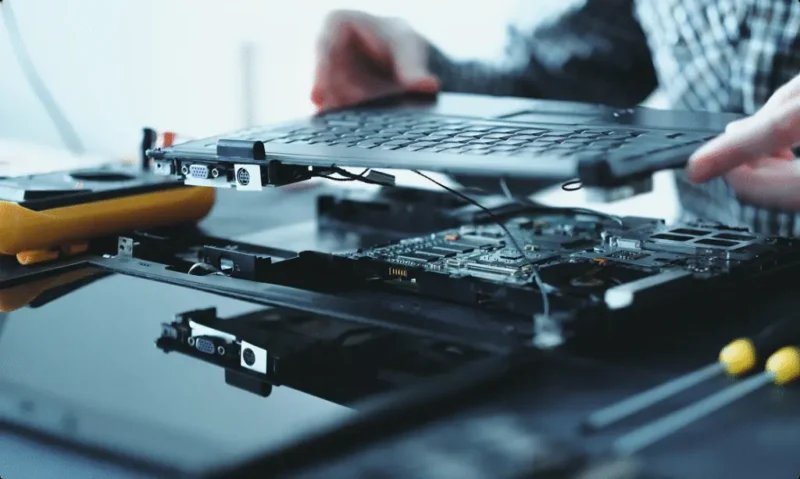Technician disassembling a laptop to repair and refurbish internal components for extended device lifespan