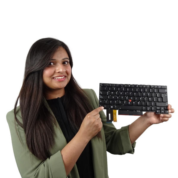 Technician holding and pointing at a laptop keyboard demonstrating professional keyboard reprinting services